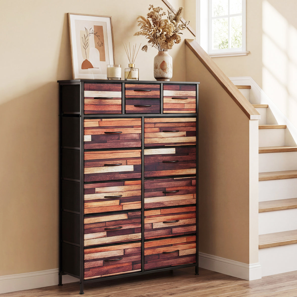 14-Drawer Dresser Tall Storage Chest with Metal Frame-Brown