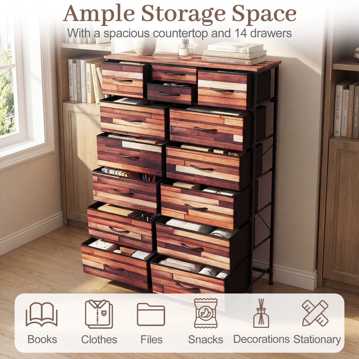 14-Drawer Dresser Tall Storage Chest with Metal Frame-Brown