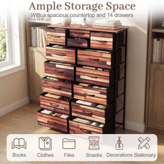 14-Drawer Dresser Tall Storage Chest with Metal Frame-Brown