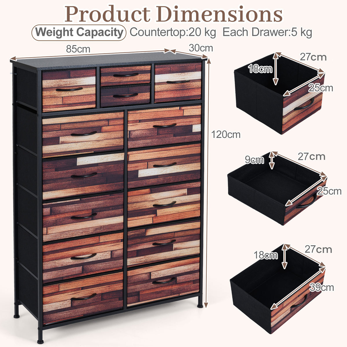 14-Drawer Dresser Tall Storage Chest with Metal Frame-Brown