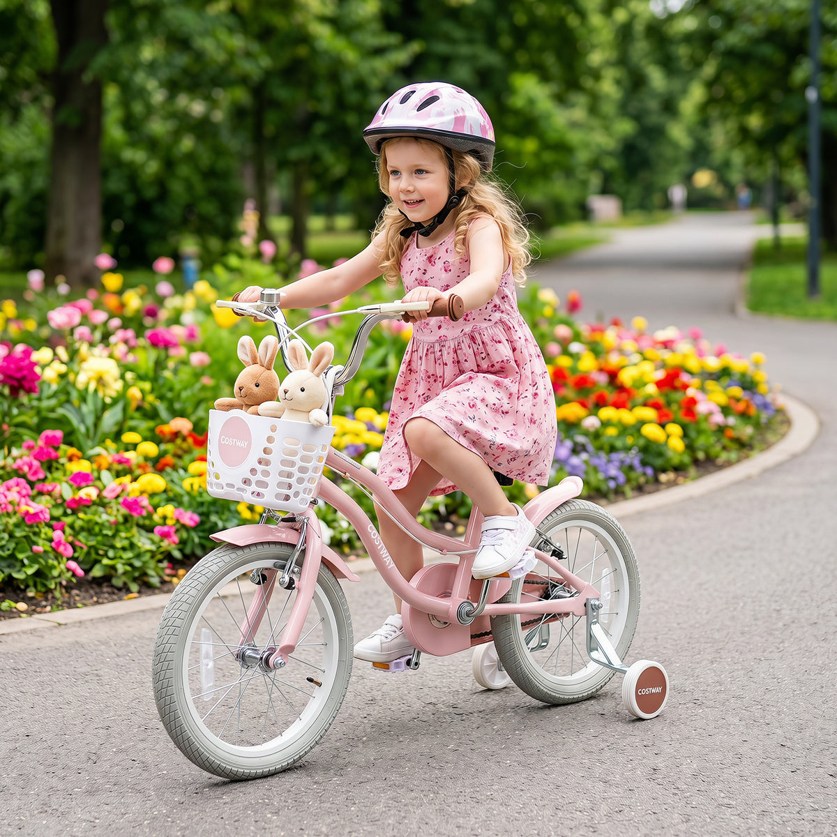 14 Inch Girls Bike with Basket for 3-5 Years Retro Series Sakura Pink