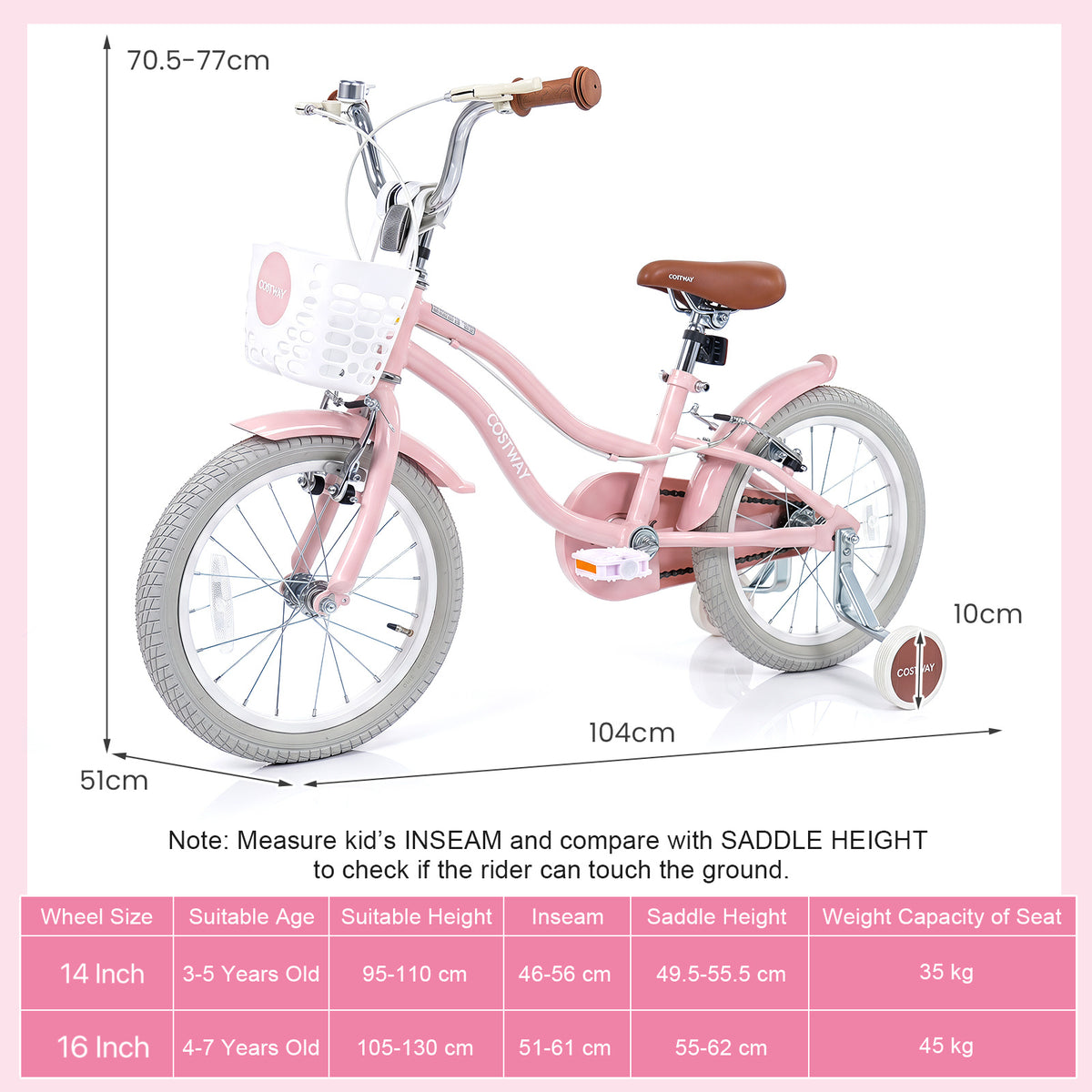 14 Inch Girls Bike with Basket for 3-5 Years Retro Series Sakura Pink