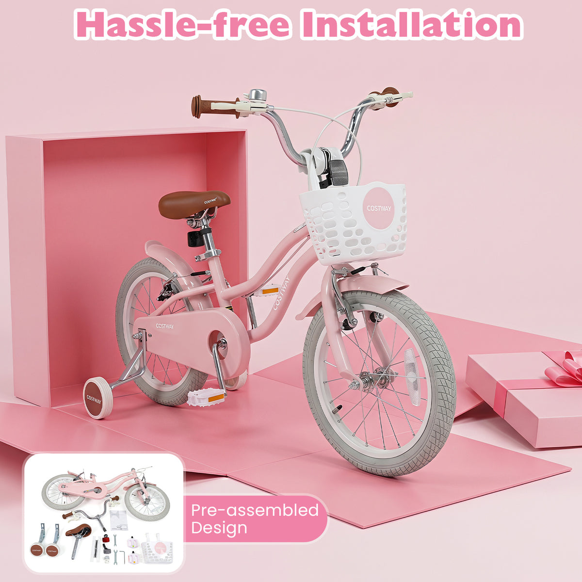 14 Inch Girls Bike with Basket for 3-5 Years Retro Series Sakura Pink