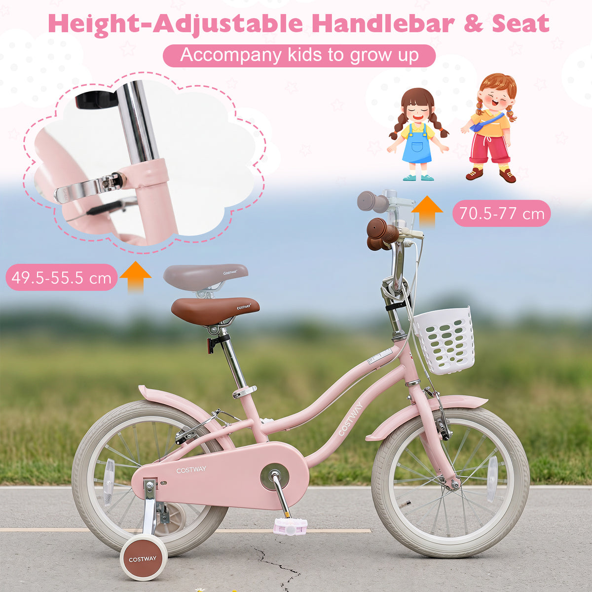 14 Inch Girls Bike with Basket for 3-5 Years Retro Series Sakura Pink