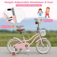 14 Inch Girls Bike with Basket for 3-5 Years Retro Series Sakura Pink