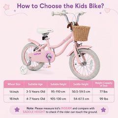 14 Inch Girls Bike with Woven Basket for 3-5 Years Cottage Series Sakura Pink