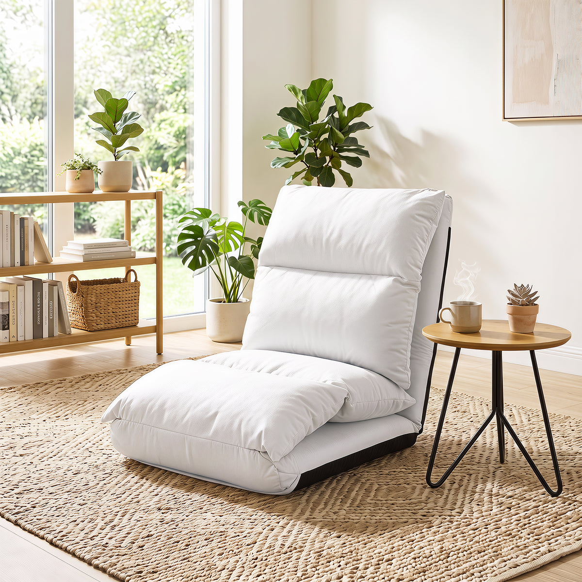 14-Level Adjustable Floor Chair with Back Support and Comfy Padded Cushions for Adults-White