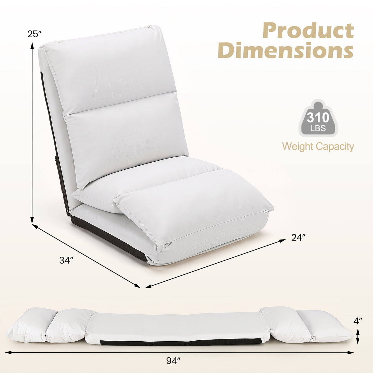 14-Level Adjustable Floor Chair with Back Support and Comfy Padded Cushions for Adults-White