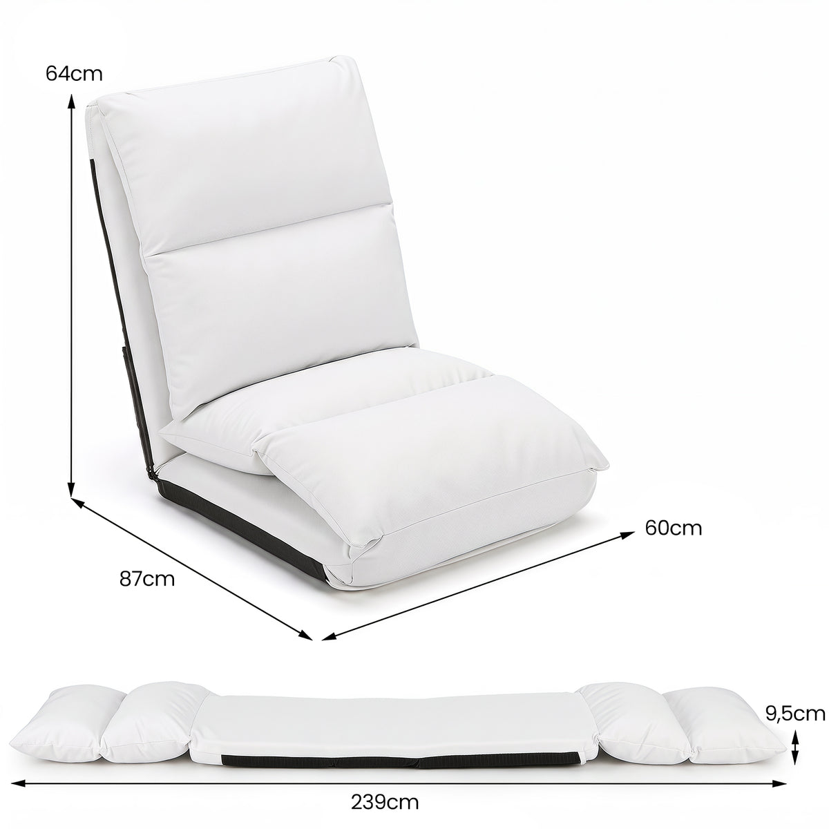 14-Level Adjustable Floor Chair with Back Support and Comfy Padded Cushions for Adults-White