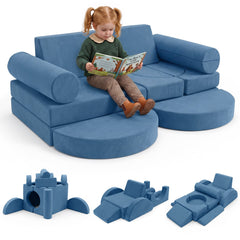 14-Piece Modular Kids Play Couch with Removable Cover-Blue