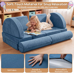 14-Piece Modular Kids Play Couch with Removable Cover-Blue