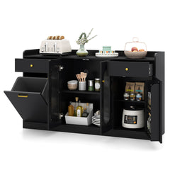 140 cm Buffet Cabinet with Tilt Out Trash Can and Glass Doors and Drawers for Kitchen-Black