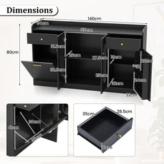 140 cm Buffet Cabinet with Tilt Out Trash Can and Glass Doors and Drawers for Kitchen-Black