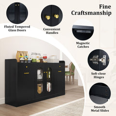 140 cm Buffet Cabinet with Tilt Out Trash Can and Glass Doors and Drawers for Kitchen-Black