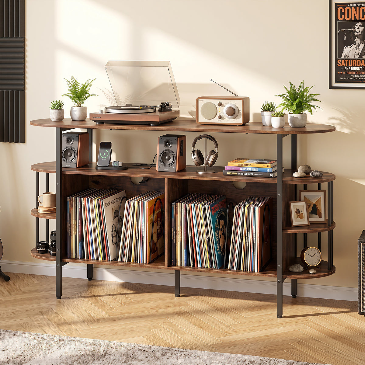 140 cm Record Player Stand with LED Lights & Power Outlets and 6 Dividers for Indoor-Rustic Brown