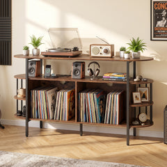 140 cm Record Player Stand with LED Lights & Power Outlets and 6 Dividers for Indoor-Rustic Brown
