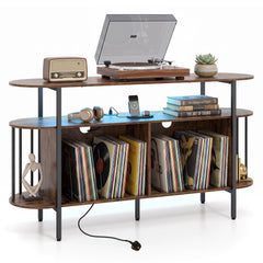 140 cm Record Player Stand with LED Lights & Power Outlets and 6 Dividers for Indoor-Rustic Brown