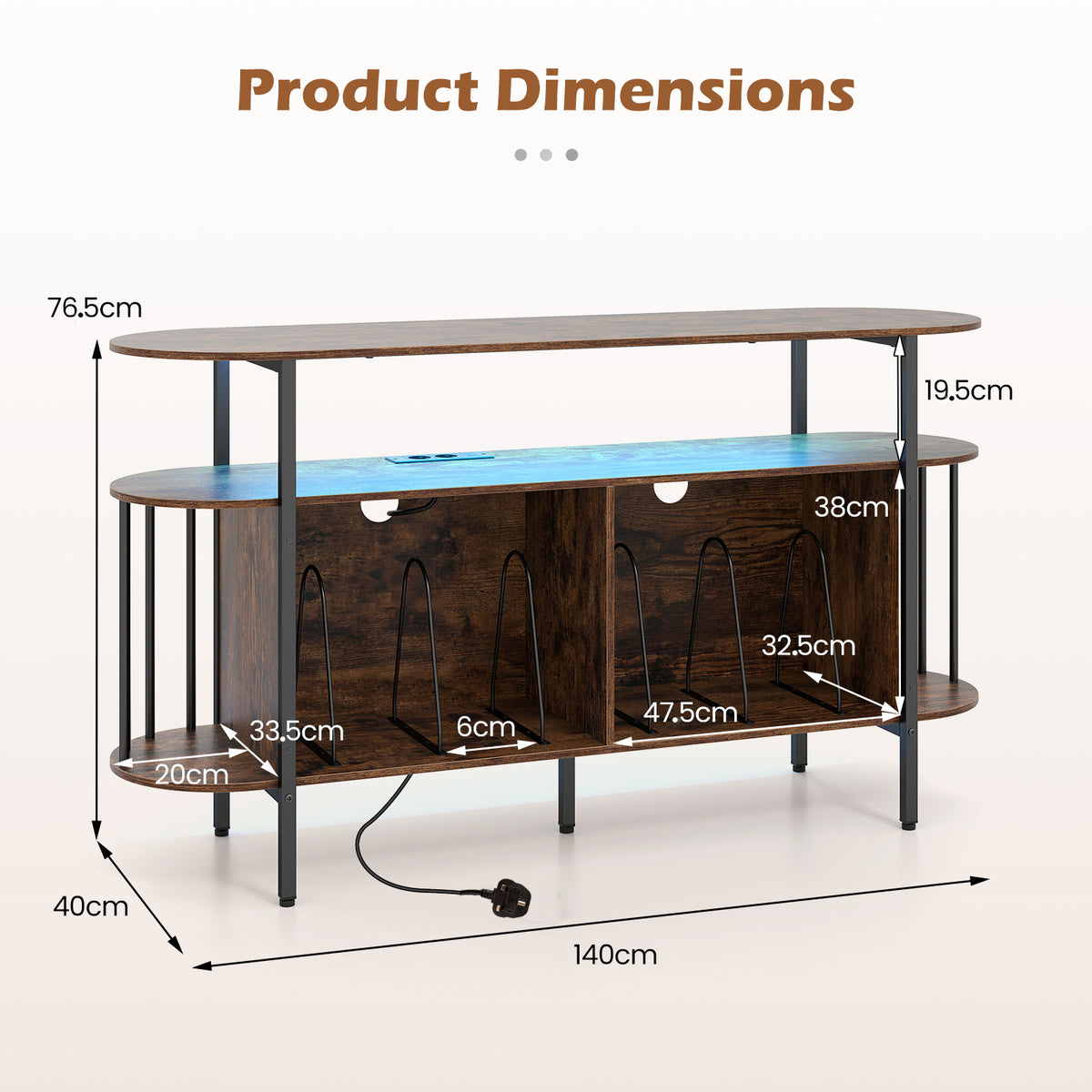 140 cm Record Player Stand with LED Lights & Power Outlets and 6 Dividers for Indoor-Rustic Brown