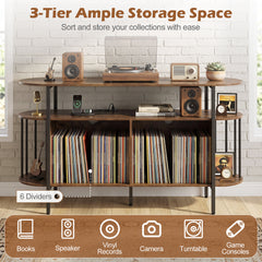 140 cm Record Player Stand with LED Lights & Power Outlets and 6 Dividers for Indoor-Rustic Brown
