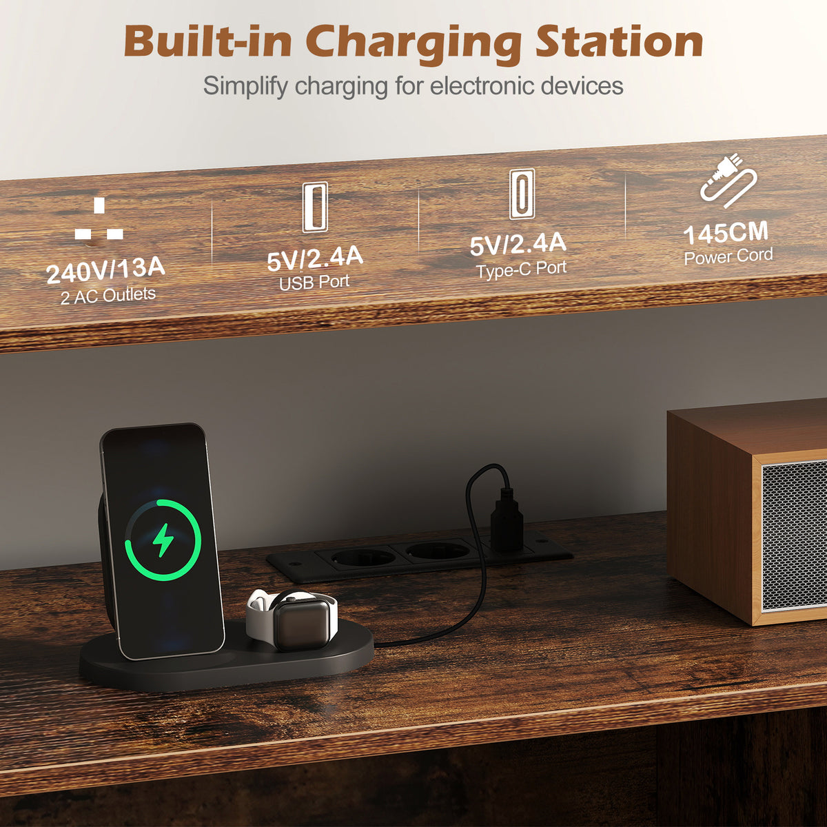 140 cm Record Player Stand with LED Lights & Power Outlets and 6 Dividers for Indoor-Rustic Brown