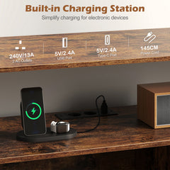 140 cm Record Player Stand with LED Lights & Power Outlets and 6 Dividers for Indoor-Rustic Brown