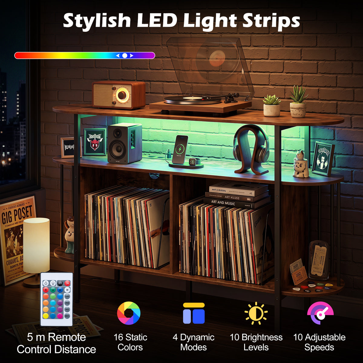 140 cm Record Player Stand with LED Lights & Power Outlets and 6 Dividers for Indoor-Rustic Brown