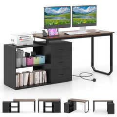 140 cm Reversible L Shaped Desk with 3 Drawers Home Office Desk-Brown