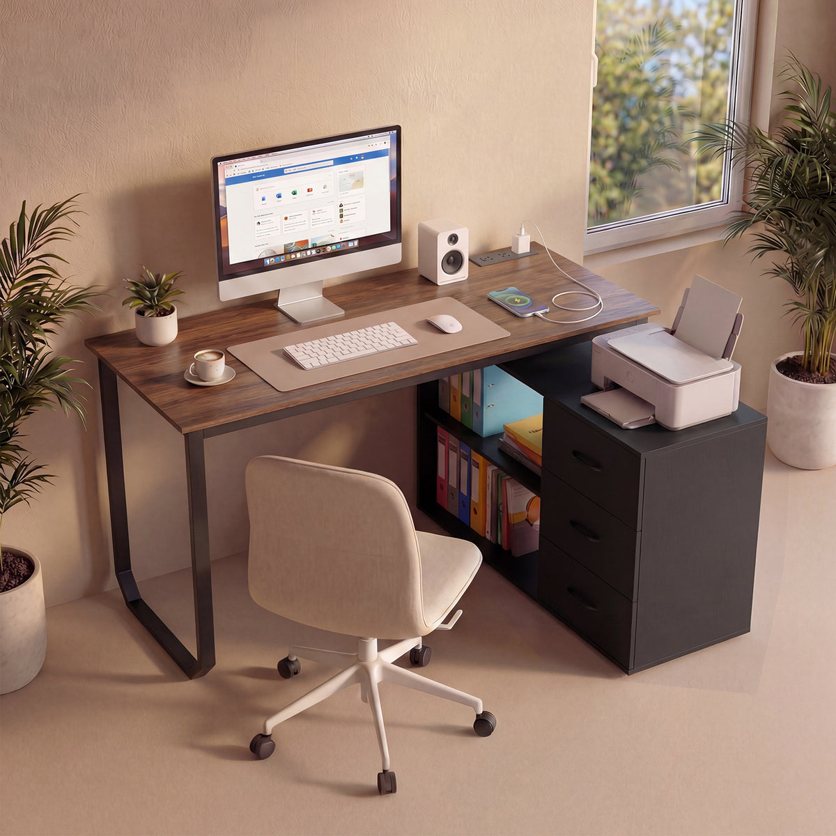 140 cm Reversible L Shaped Desk with 3 Drawers Home Office Desk-Brown