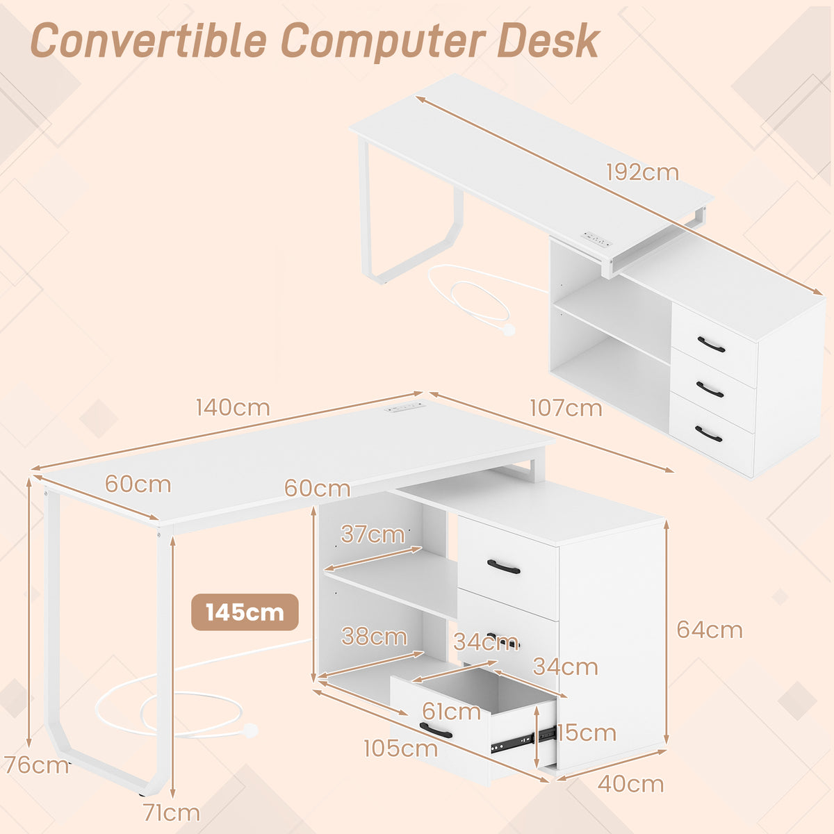 140 cm Reversible L Shaped Desk with 3 Drawers Home Office Desk-White