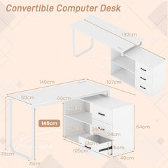 140 cm Reversible L Shaped Desk with 3 Drawers Home Office Desk-White
