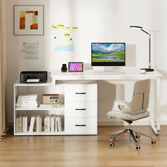 140 cm Reversible L Shaped Desk with 3 Drawers Home Office Desk-White
