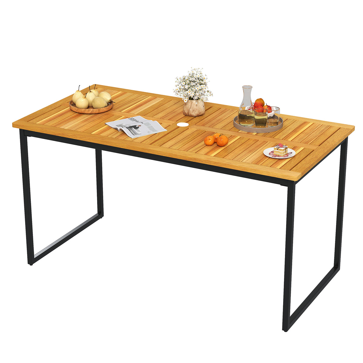 140 x 70cm Acacia Wood Dining Table for 6 People with Slatted Tabletop