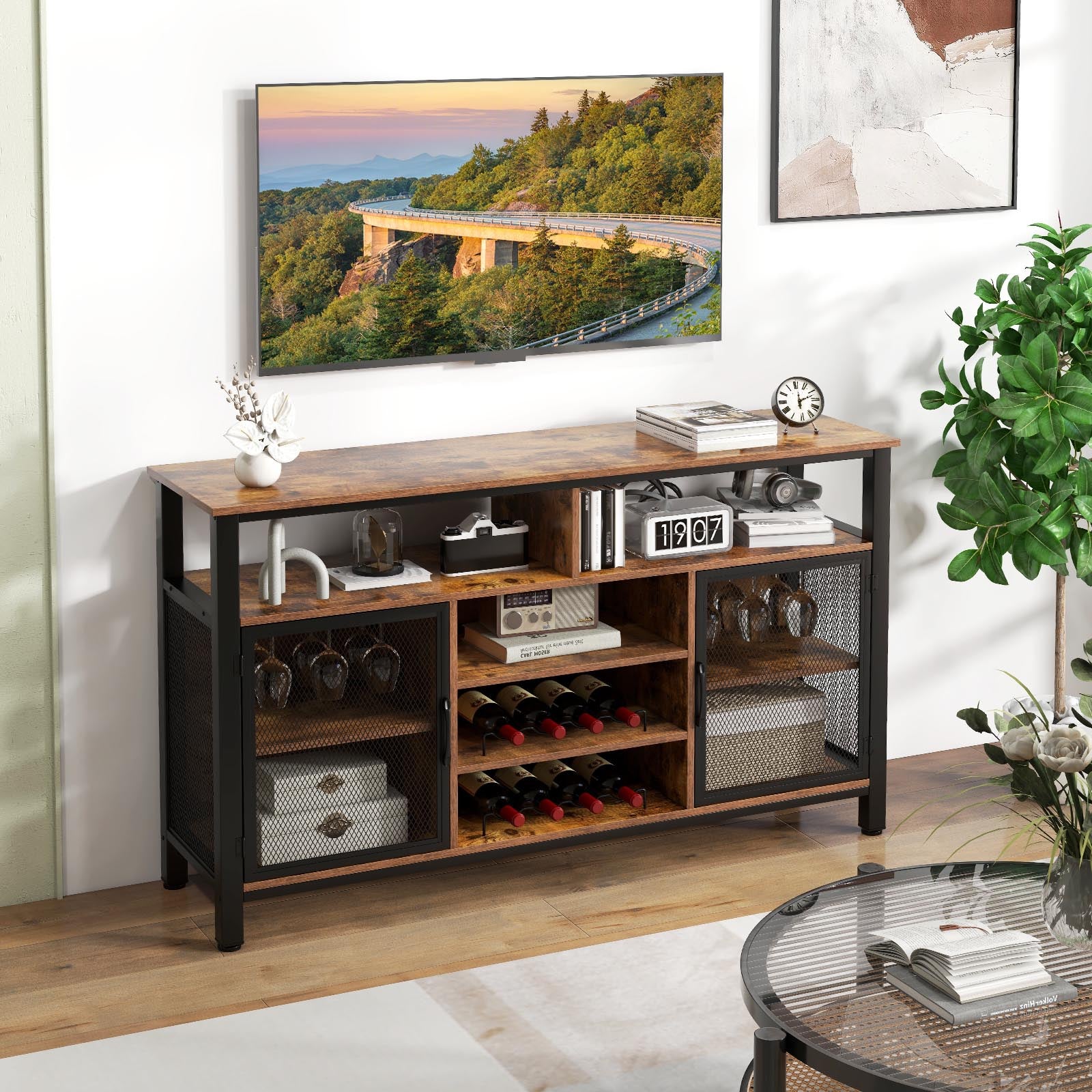 140cm Buffet Sideboard with 8-Bottle Wine Racks and 6 Rows of Wine Glass Holders-Rustic Brown