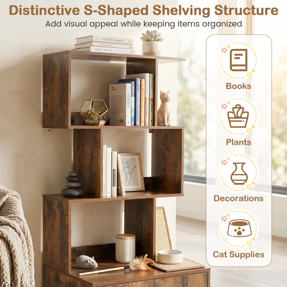 141 CM Tall Cat Litter Box Enclosure with 3 Open Shelves & Side Entry for Indoor-Rustic Brown