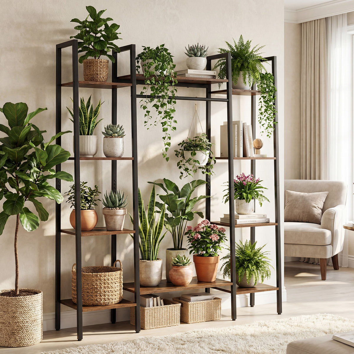 141cm Tall Plant Stand 10-Tier Plant with 16 Colors LED Strip Lights-Rusticbrown