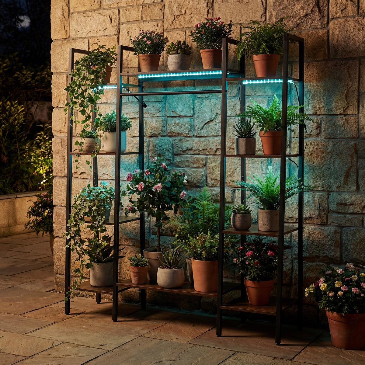 141cm Tall Plant Stand 10-Tier Plant with 16 Colors LED Strip Lights-Rusticbrown