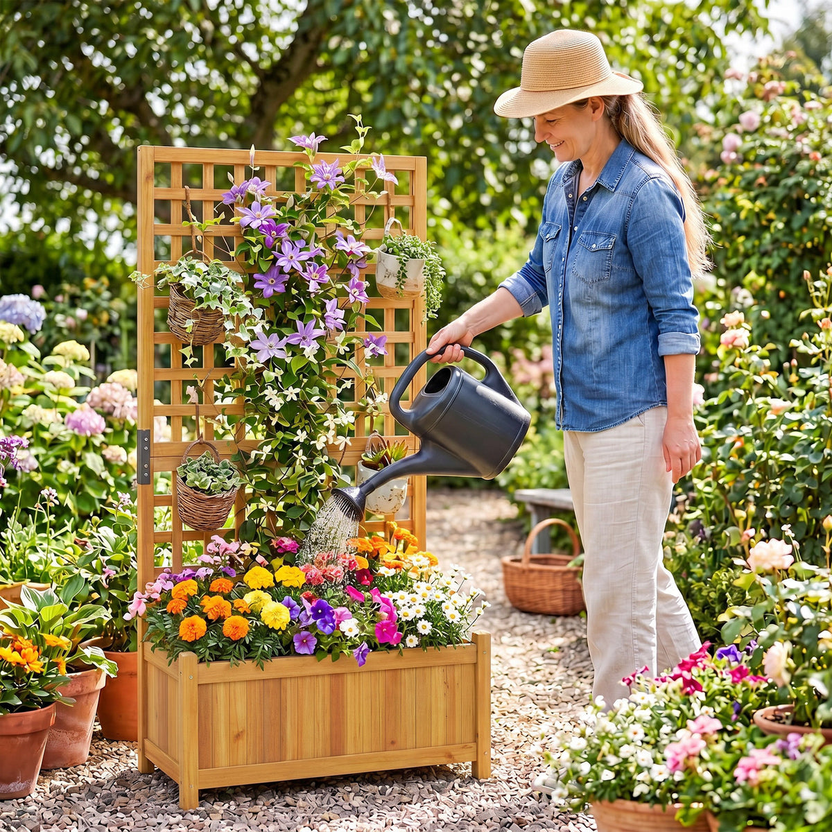 143 cm Wooden Raised Garden Bed with Trellis and Drainage Holes for Climbing Plants-Orange