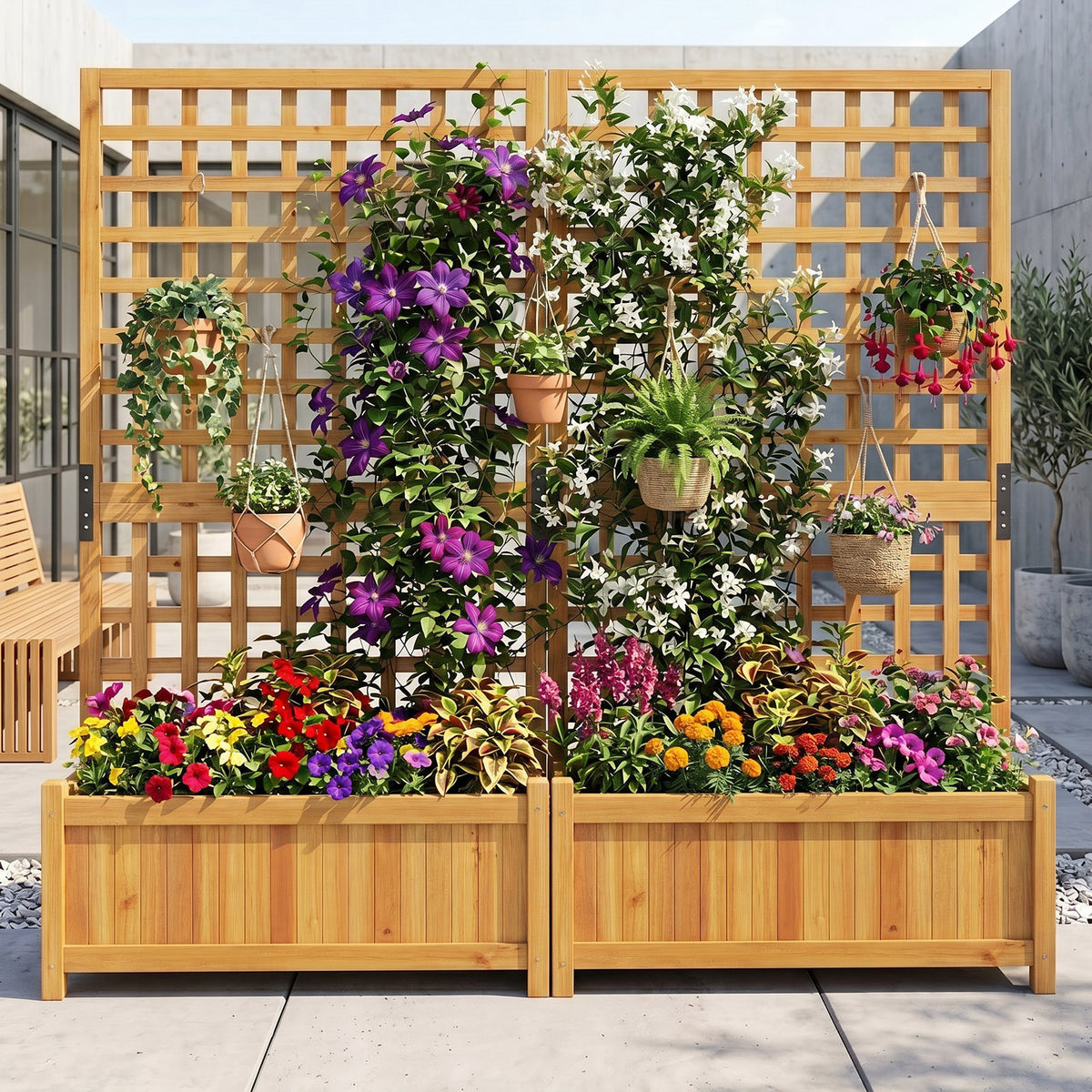 143 cm Wooden Raised Garden Bed with Trellis and Drainage Holes for Climbing Plants-Orange