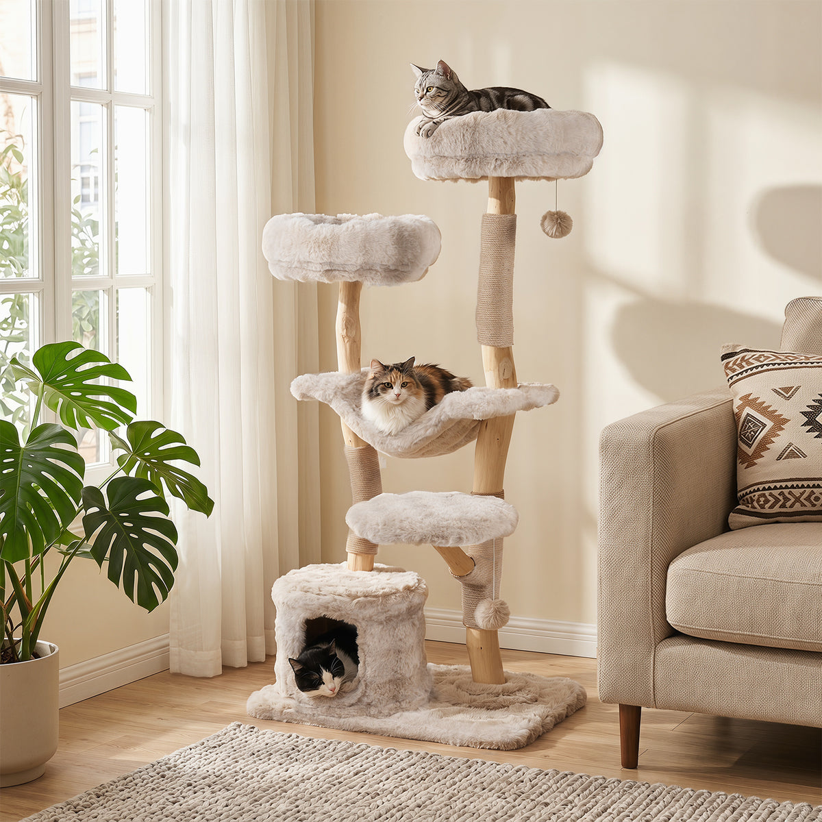 147cm Cat Tree Tower with Cat Cave with Sisal Scratching Poles and 2 Plush Play Balls for Indoor Cats-Beige