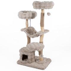 147cm Cat Tree Tower with Cat Cave with Sisal Scratching Poles and 2 Plush Play Balls for Indoor Cats-Beige