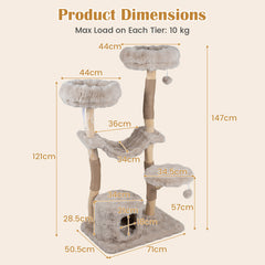 147cm Cat Tree Tower with Cat Cave with Sisal Scratching Poles and 2 Plush Play Balls for Indoor Cats-Beige