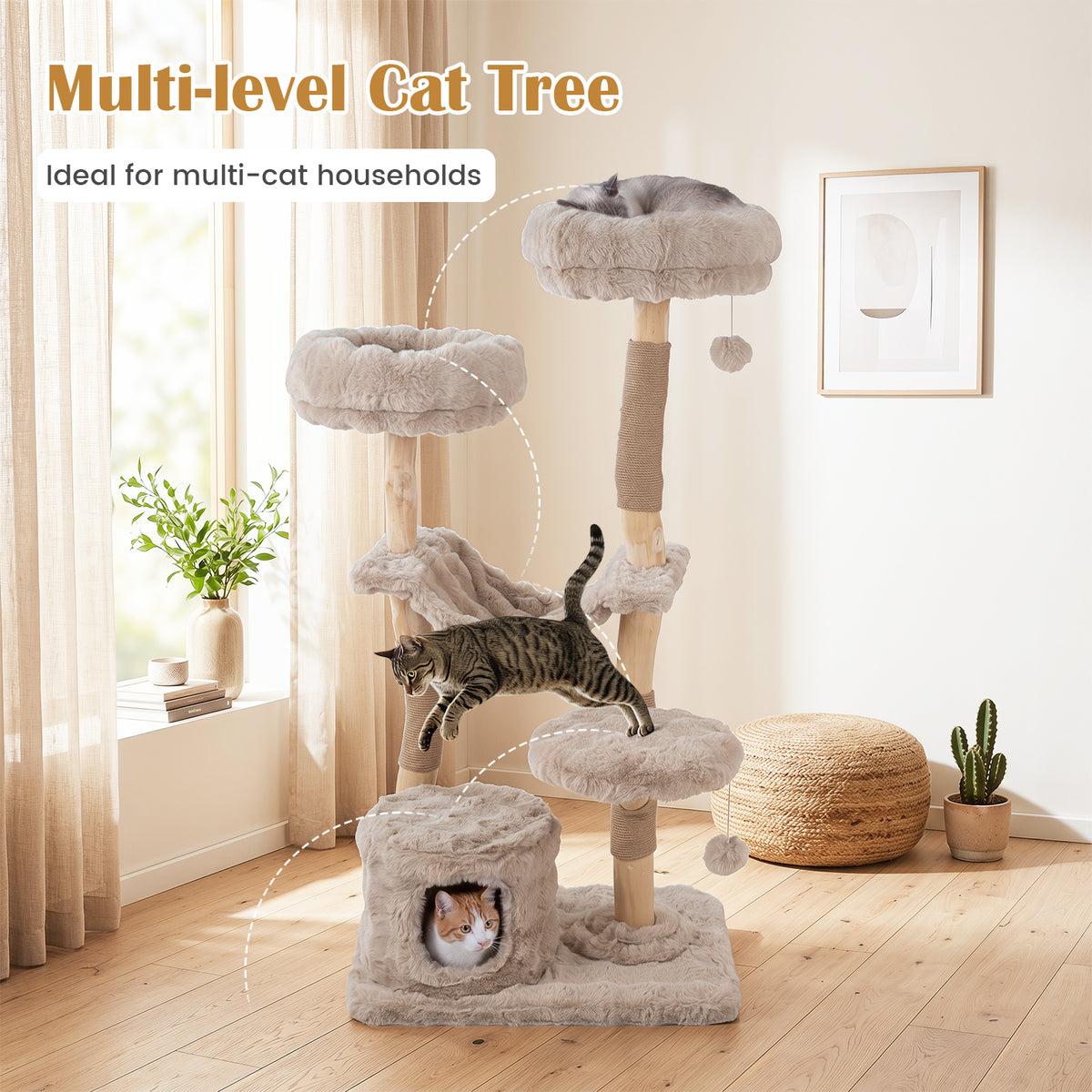 147cm Cat Tree Tower with Cat Cave with Sisal Scratching Poles and 2 Plush Play Balls for Indoor Cats-Beige