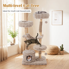 147cm Cat Tree Tower with Cat Cave with Sisal Scratching Poles and 2 Plush Play Balls for Indoor Cats-Beige