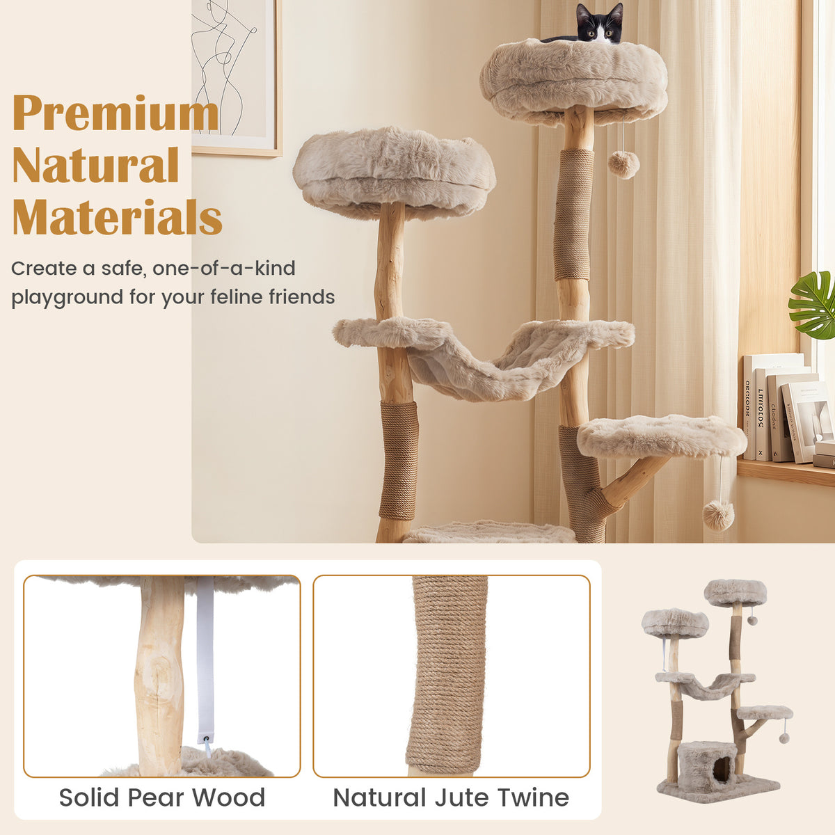 147cm Cat Tree Tower with Cat Cave with Sisal Scratching Poles and 2 Plush Play Balls for Indoor Cats-Beige