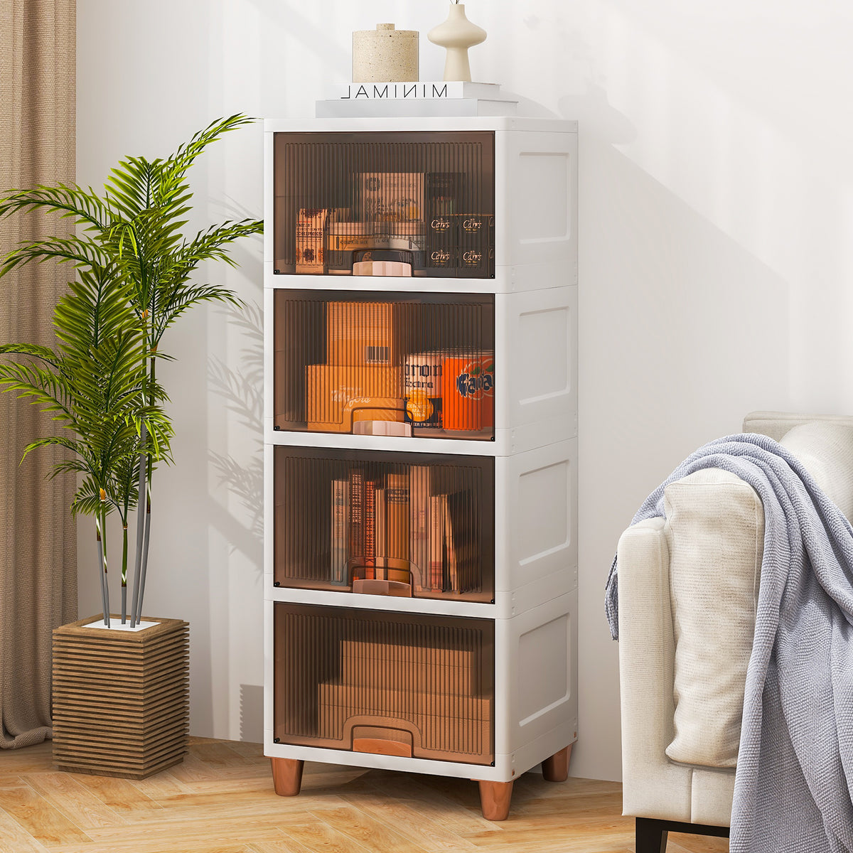 4-Tier Storage Bins Stackable Storage Containers with Magnetic Doors-White