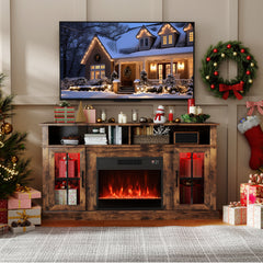 148cm Fireplace TV Stand with LED Lights Entertainment Center for 65 Inch TV-Brown