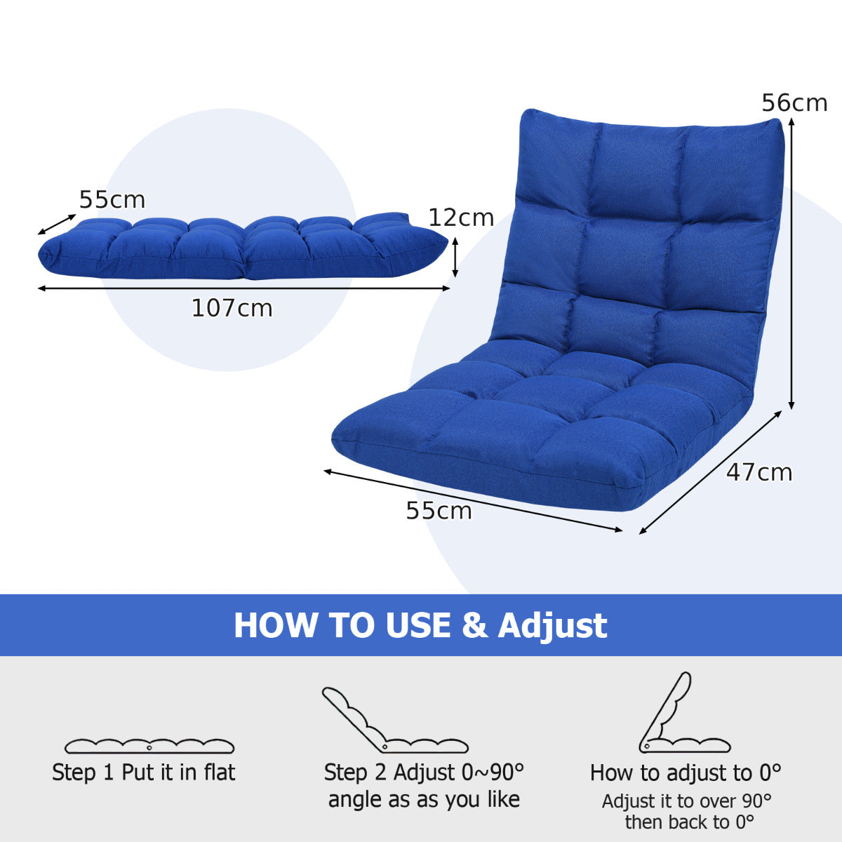 14-Position Adjustable Floor Chair with High Resilience Sponge-Blue