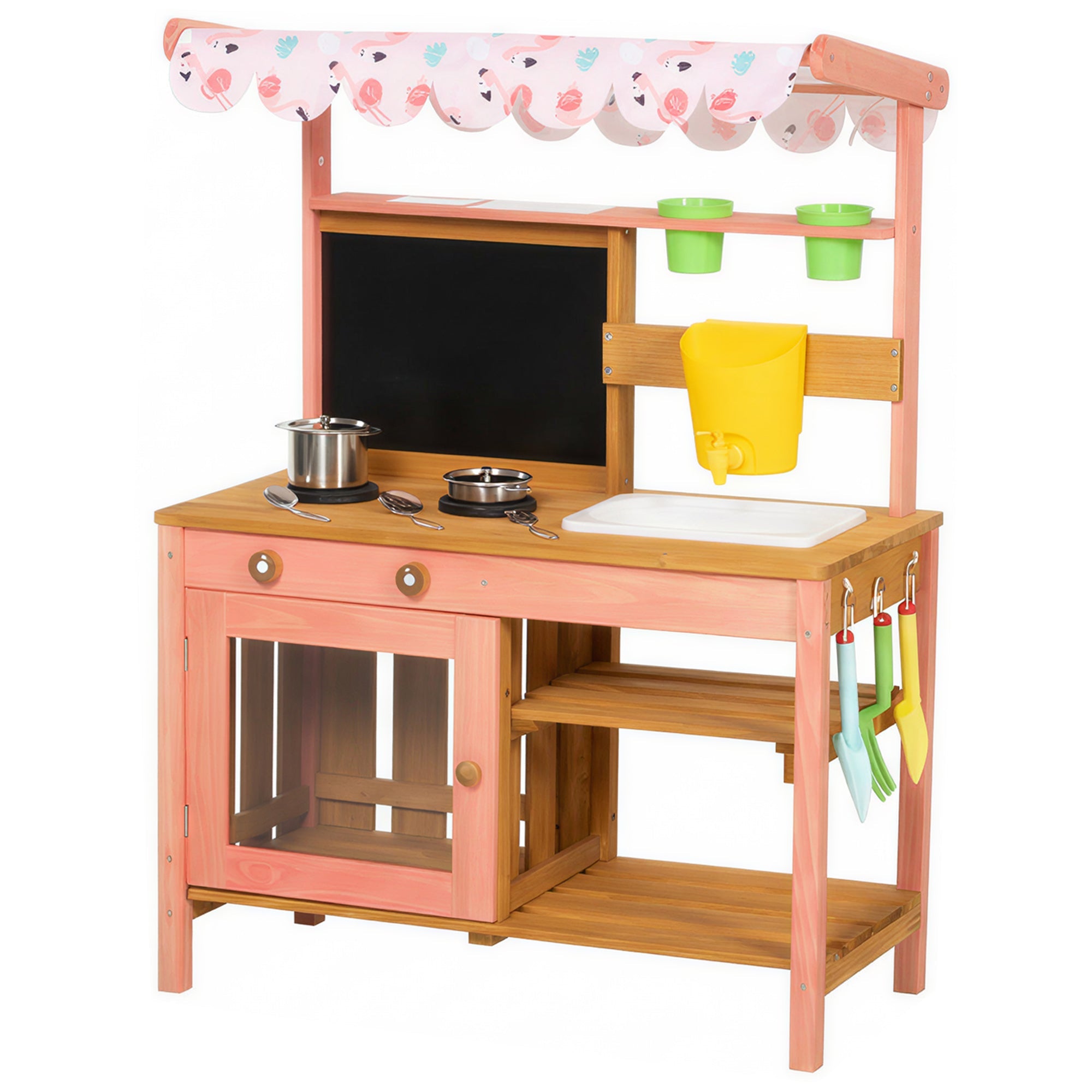 AIYAPLAY Kids Mud Kitchen with Canopy, Outdoor Wooden Play Kitchen with Planter Box, Accessories for Age 3-6, Pink