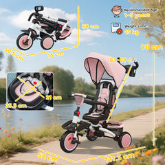 AIYAPLAY 6 in 1 Foldable Kids Trike with Adjustable Parent Handle & Canopy for Ages 1-5, Pink