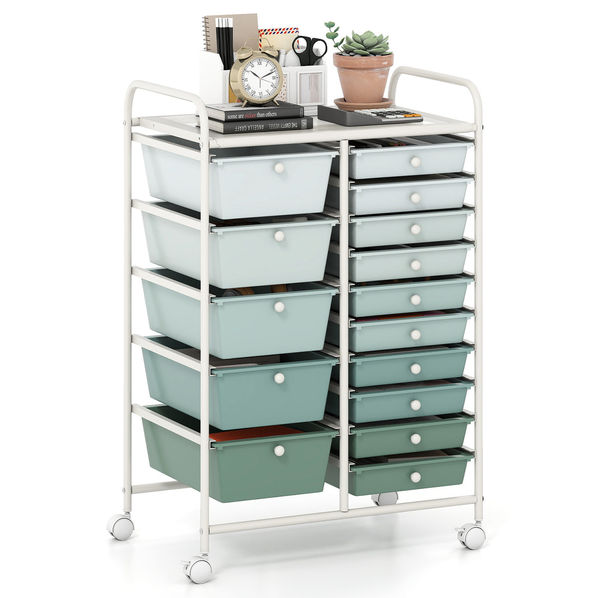 15 Drawer Rolling Storage Cart with 4 Wheels for Beauty Salon-Green